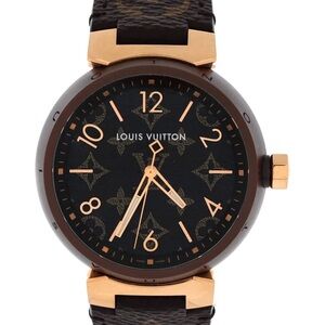 Louis Vuitton 18k Gold Tambour Quartz Elegant Watch with Strap Monogram and Red